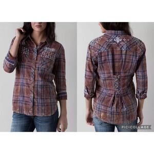 Affliction Women’s Black Premium Eagle Rock Button Up Size XS Plaid Embroidered